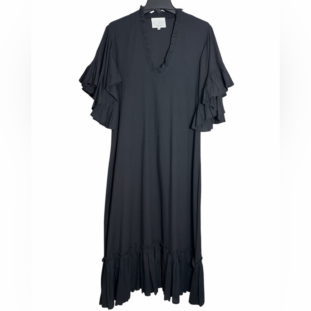 LIDO Black‎ Cotton Ruffle Statement Sleeve Maxi Dress M/L Medium Large